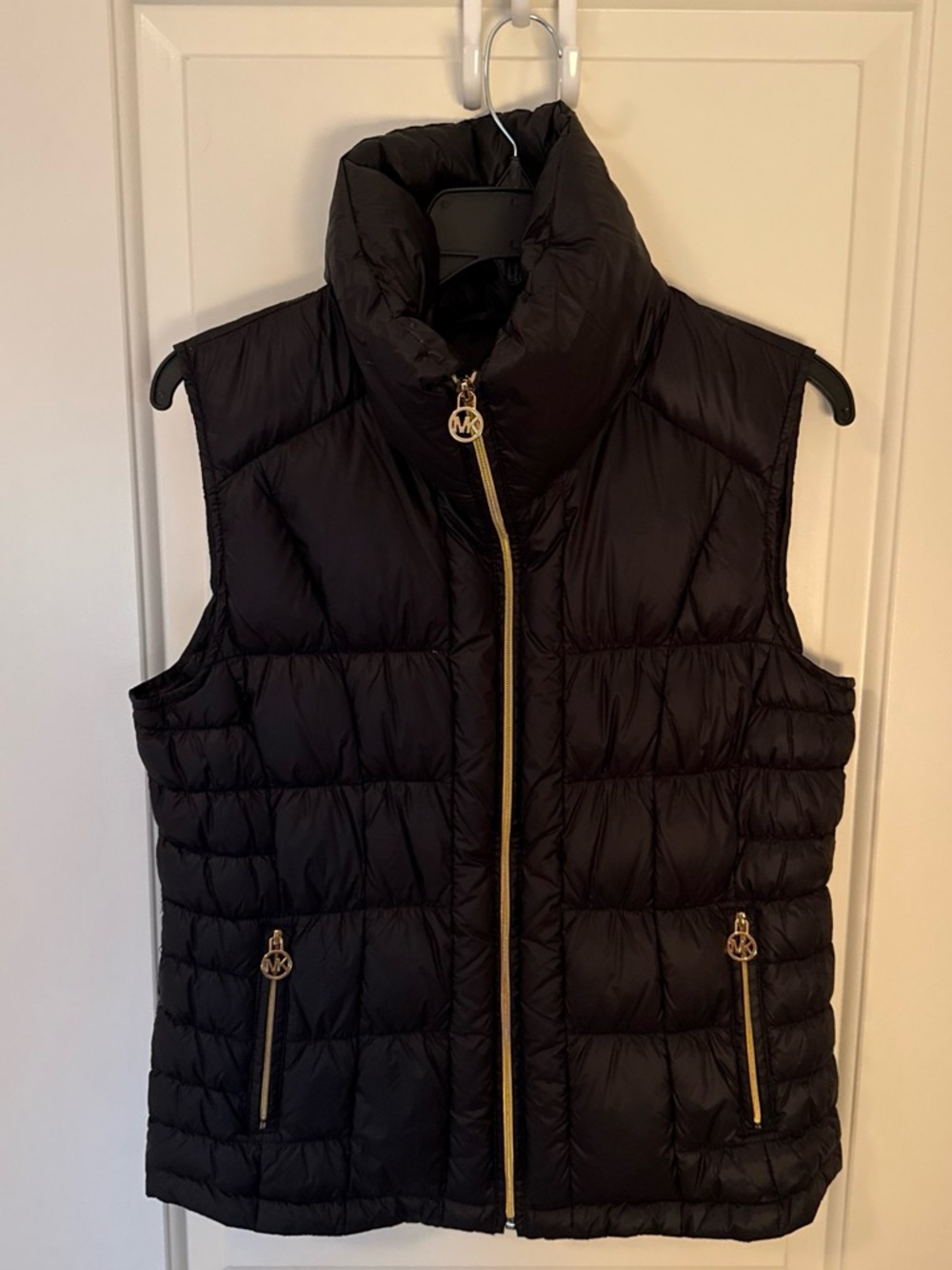 MICHAEL Michael Kors Black Quilted Puffer Vest with Gold Zipper and MK Charm